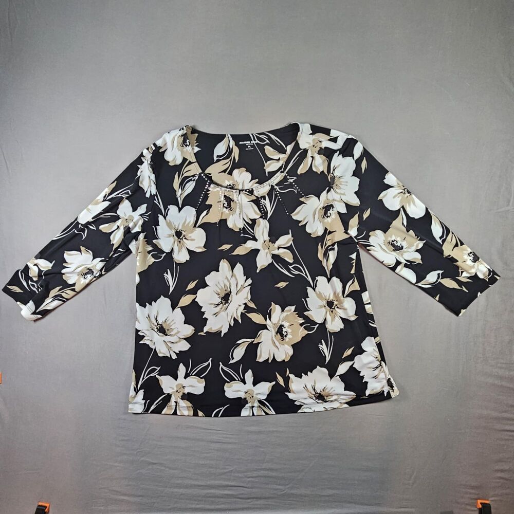 Allison Daley Black Floral Embellished Rhinestone Blouse PXL